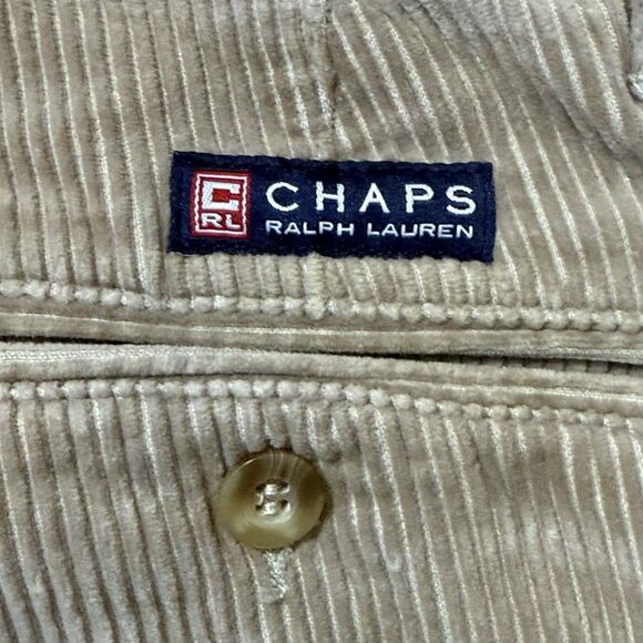 Vintage Ralph Lauren Chaps Corduroy Pants Khaki 33x32 Baggy Skater Cuffed Pleat - Picture 3 of 8